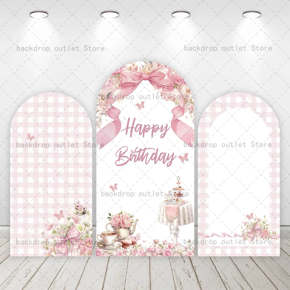 Mehofond Pink Birthday Arch Backdrop Cover Girls Birthday Bow Tea Party Baby Shower Decors Arched Wall Banner Background