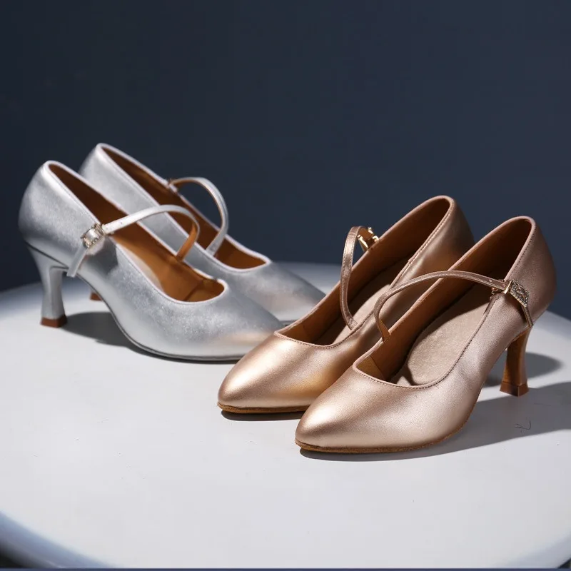 Silver Tan Leather Closed Toe Standard Ballroom Latin Wedding Shoes Meduim Heel 5.5cm 6.5cm 7.5cm Ballroom Dance shoes For Women