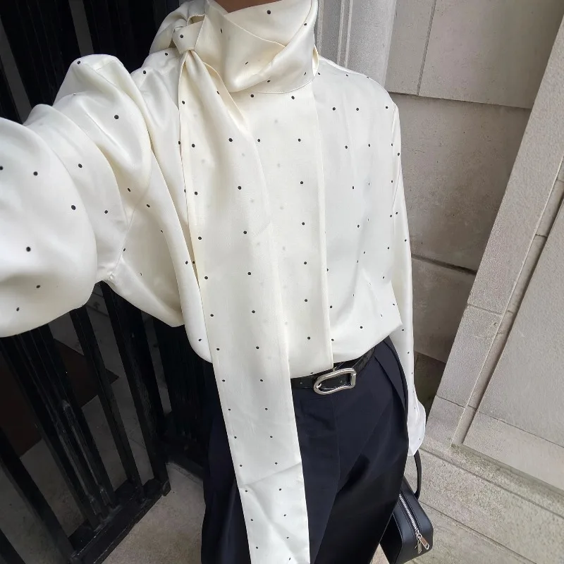 Tsiisd Commuting Polka Dot Women's Shirt Lace-Up Loose Elegant Office Lady Patchwork Casual Blouse Clothes Women's Shirts 2026