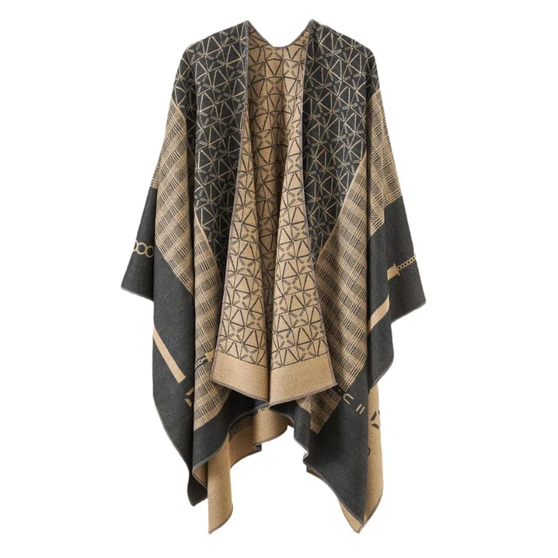 Split Style Shawl Top Imitation Cashmere Cloak Thickened Warm Cloak Geometric Fringe Scarf Fashionable Autumn Winter New