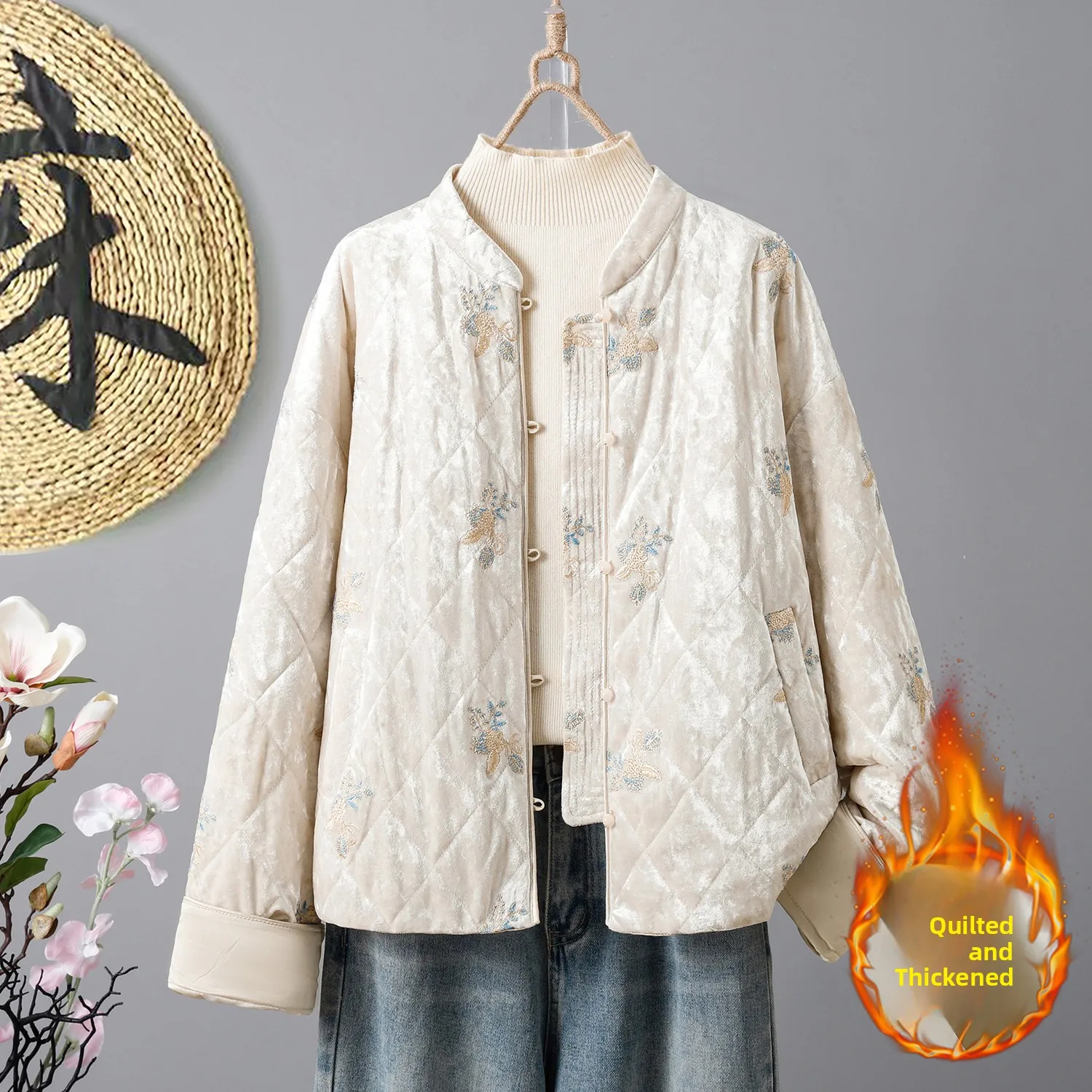 

Новая женская хлопковая куртка в китайском стиле, зимняя новинка, с вышивкой, с маленьким воротником-стойкой, дизайнерская хлопковая одежда