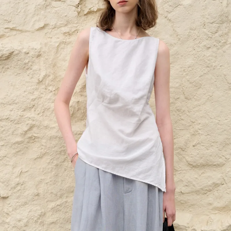 Fashionable Cotton and Linen Tops Women Sexy Sleeveless Split White Vests Summer Casual Newly High Street Holiday Beach Shirts
