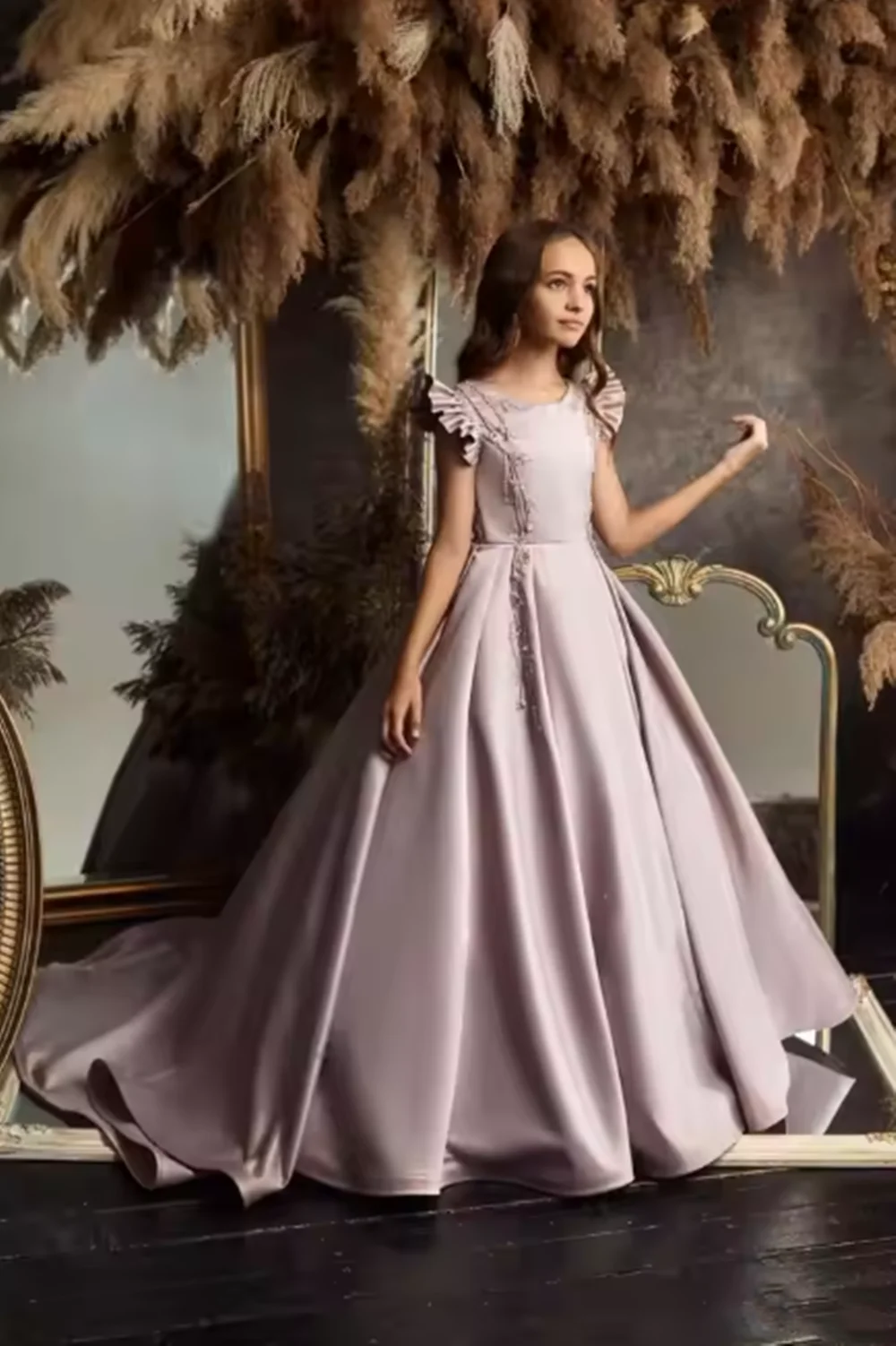 

Satin Purple Fluffy Flower Girl Dress For Weddings First Communion Gowns Lovely Kids Birthday Ball Evening Dresses