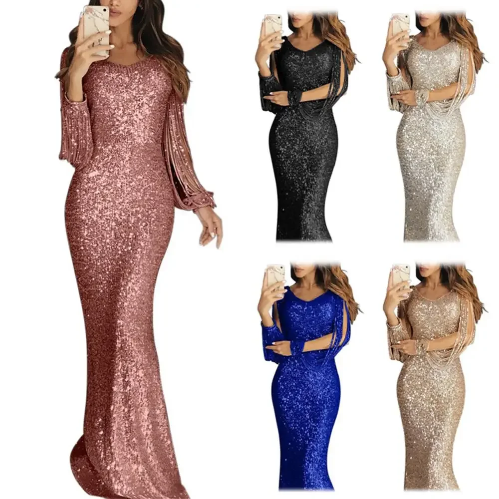 

Elegant Ladies Vestidos Plus Size Chic Women Tassel Lantern Sleeve Sequined Tassel Long Sleeve V Neck Bodycon Party Maxi Dress