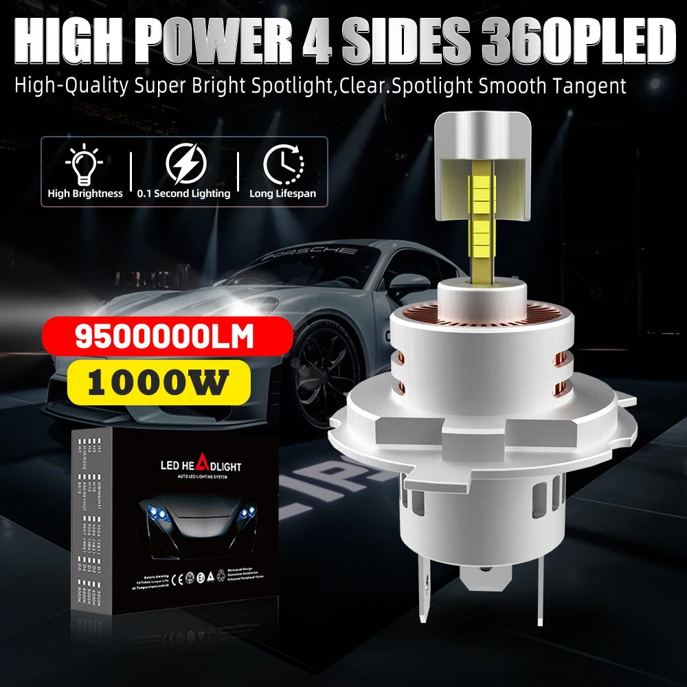 

360 H7 H4 LED CANBUS Light Мини-налобный фонарь Размер 1:1, беспроводные автомобильные светодиодные фары без ошибок с вентилятором 6000K Белый 12 В