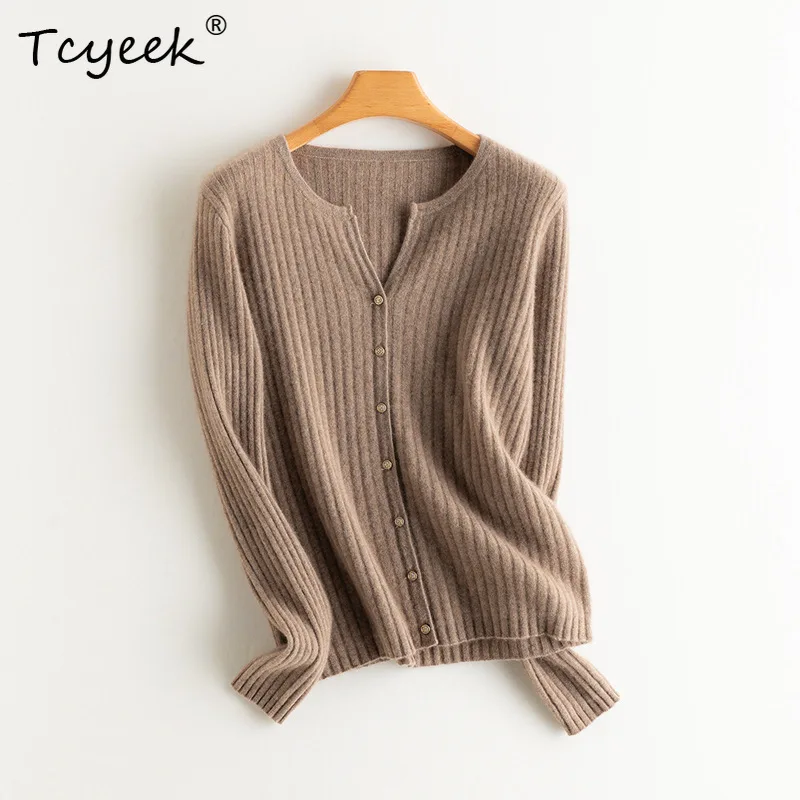 

Tcyeek, 100%Pure Cashmere Soft Cardigans, Women O-Neck Solid, Fashion Casual Slim Knit Sweater, 2024 Autumn Winter T48096QC
