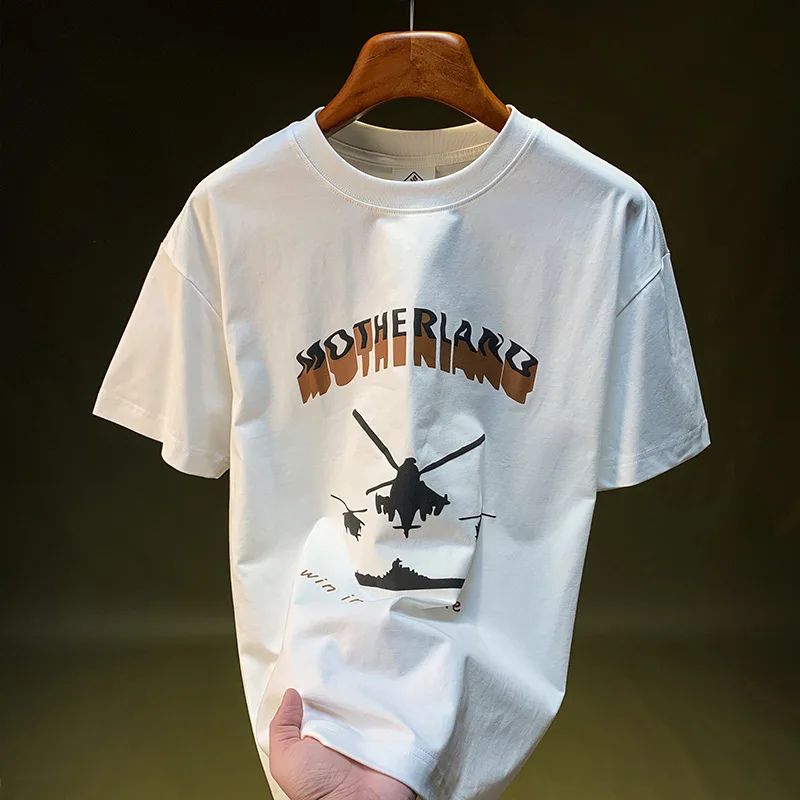 

Fashionable printed T-shirt for men, summer trend, loose and heavyweight short sleeved top, casual and versatile thin shirt