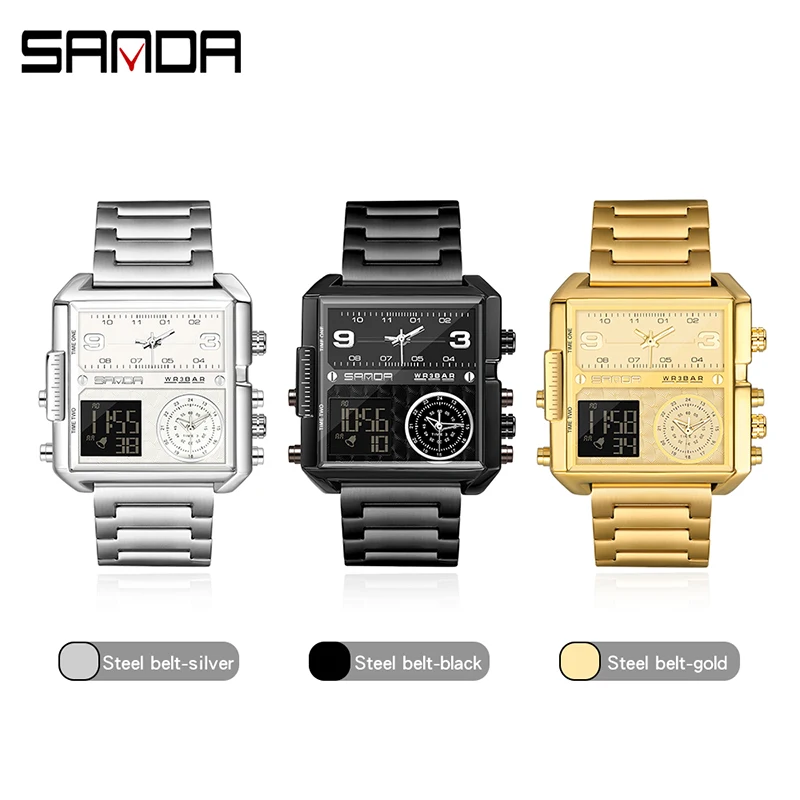 SANDA Three Time Men Gold Sports Watch Alarm Clock Real Leather Waterproof Watch Large Dial Military Watch Relogio Masculino