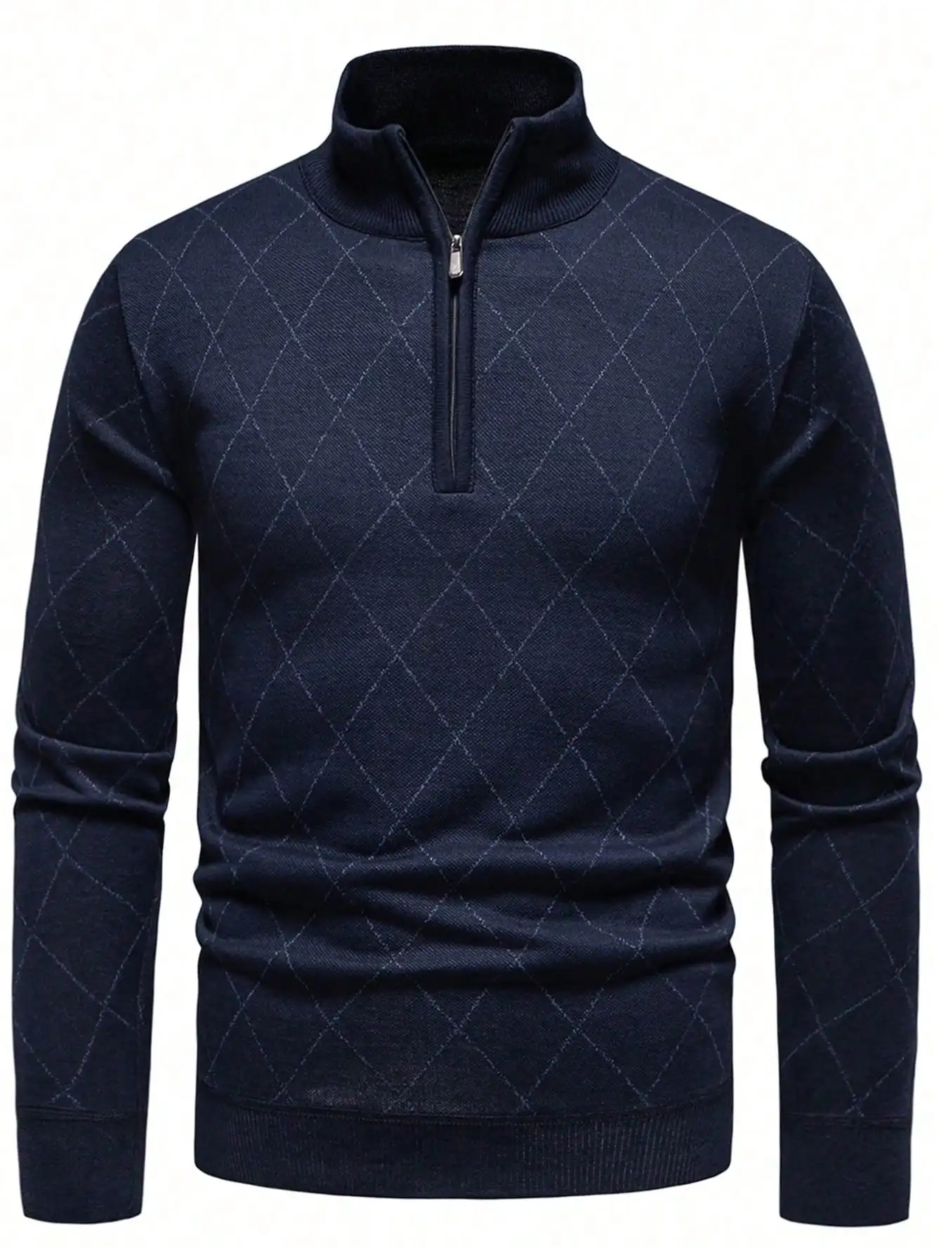 

Men's Slim Fit Half-Zip Knit Sweater with Diamond Pattern, Navy Blue