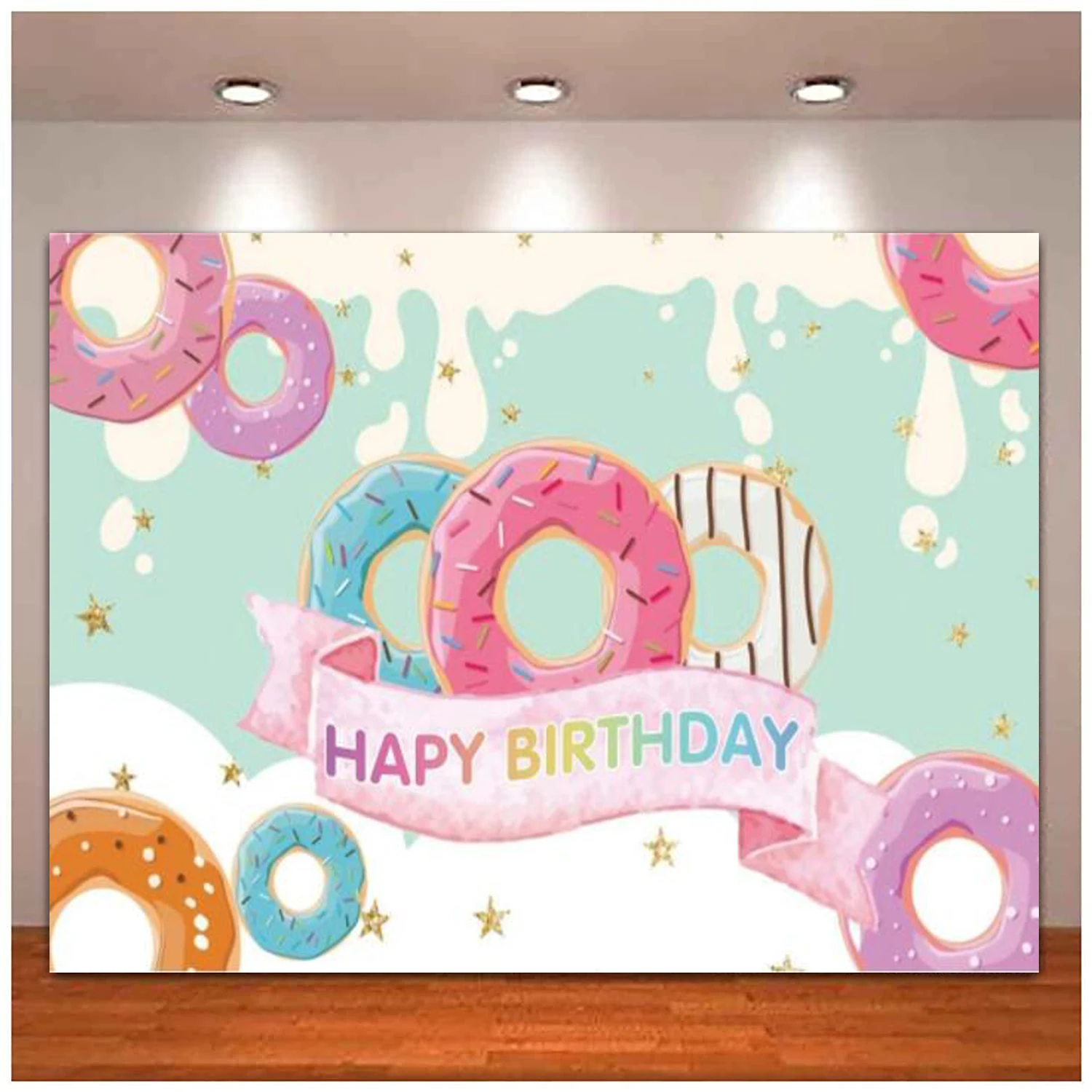 

Happy Birthday Party Photography Backdrop Donuts Candy Kingdom Cartoon Donuts Cake Table Background Sweet Girl Decoration Poster