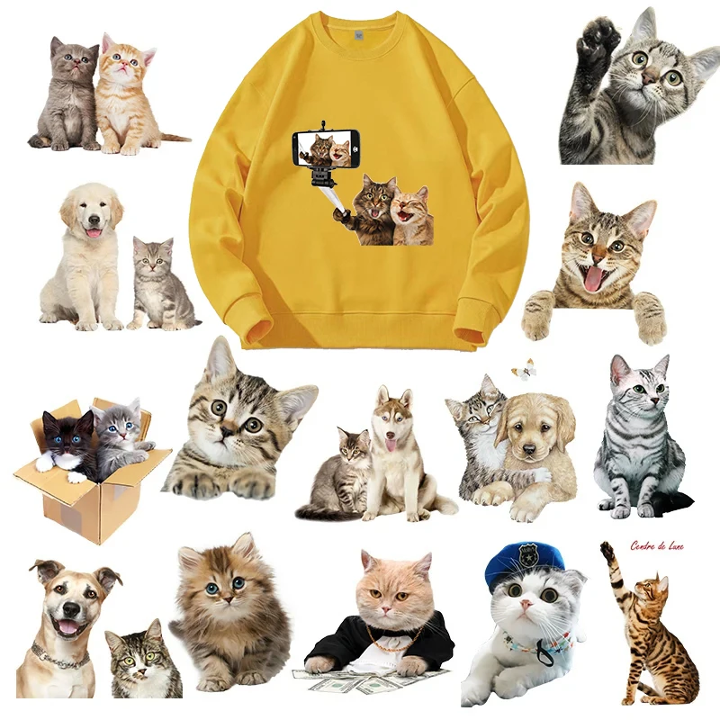 Cute Pet Cat Dog Best Friends Animal Iron On Patches For DIY Heat Transfer Clothes T-Shirt Thermal Stickers Decoration Printing