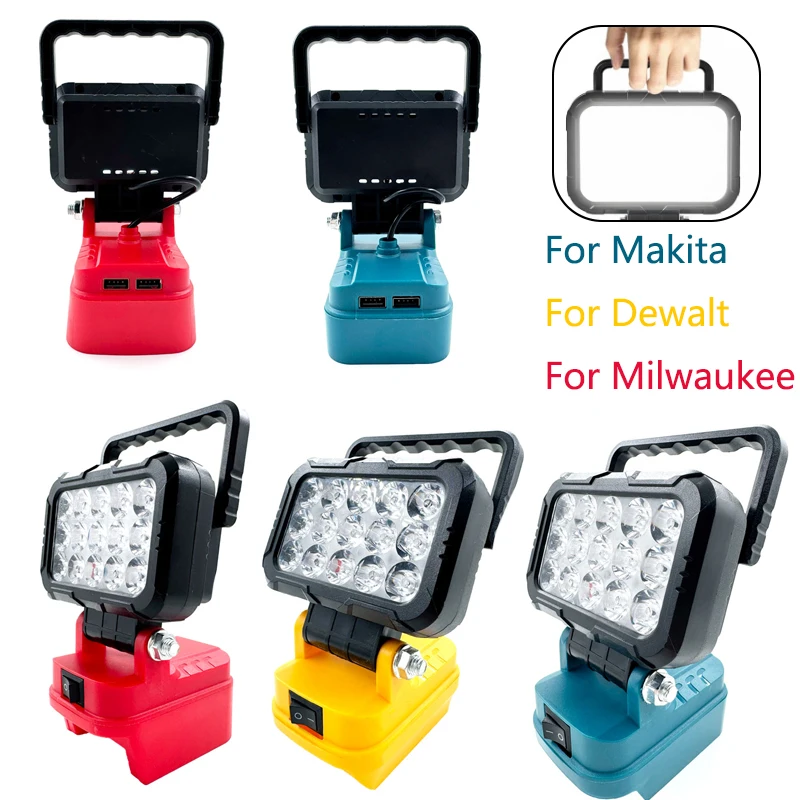 

battery powered LED lights For Makita/Dewalt/Milwaukee 18V battery portable flashlight with Dual USB port emergency lights