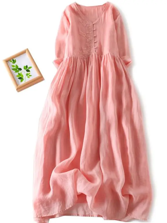 Summer Large Size Lazy Style Embroidered Dress Mid-Sleeve A-Line Maxi Skirt Women Casual Straight Tube Top V-Neck Midi Dress