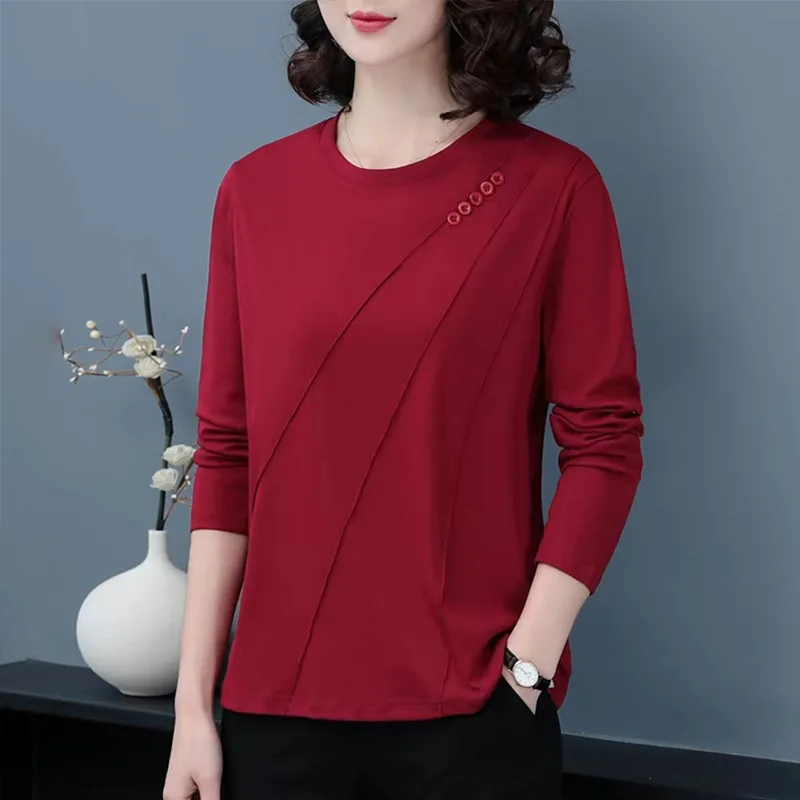 Women's Solid Color Patchwork Long Sleeved T-shirt 2023 Autumn Winter New Fashion Commute Round Neck Button Pullover Bottom Tops