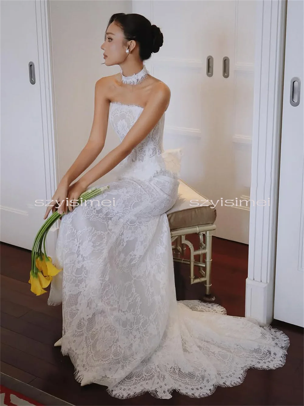 Luxury Full Lace A-line Wedding Dress Sexy Back Corset Sleeveless Customizable Bridal Dress Vestidos De No