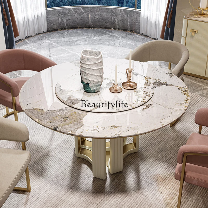 

03 Light luxury dining table and chair combination stainless steel marble high-grade rock slab luxury round table