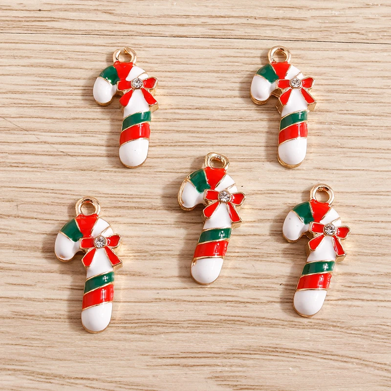 

10pcs 11x22mm Cute Enamel Christmas Bowknot Crutch Charms Pendants for Jewelry Making Earrings Necklaces Bracelet DIY Craft Gift
