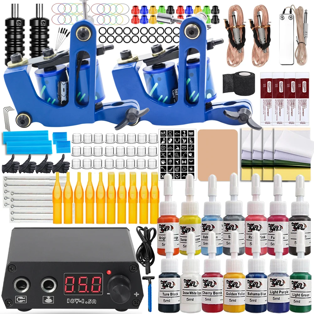 Complete Tattoo Machine Kit Coils Guns Set Grips Pigment Sets Power Supply Tattoo Beginner Lining Shading Kits Permanent Makeup