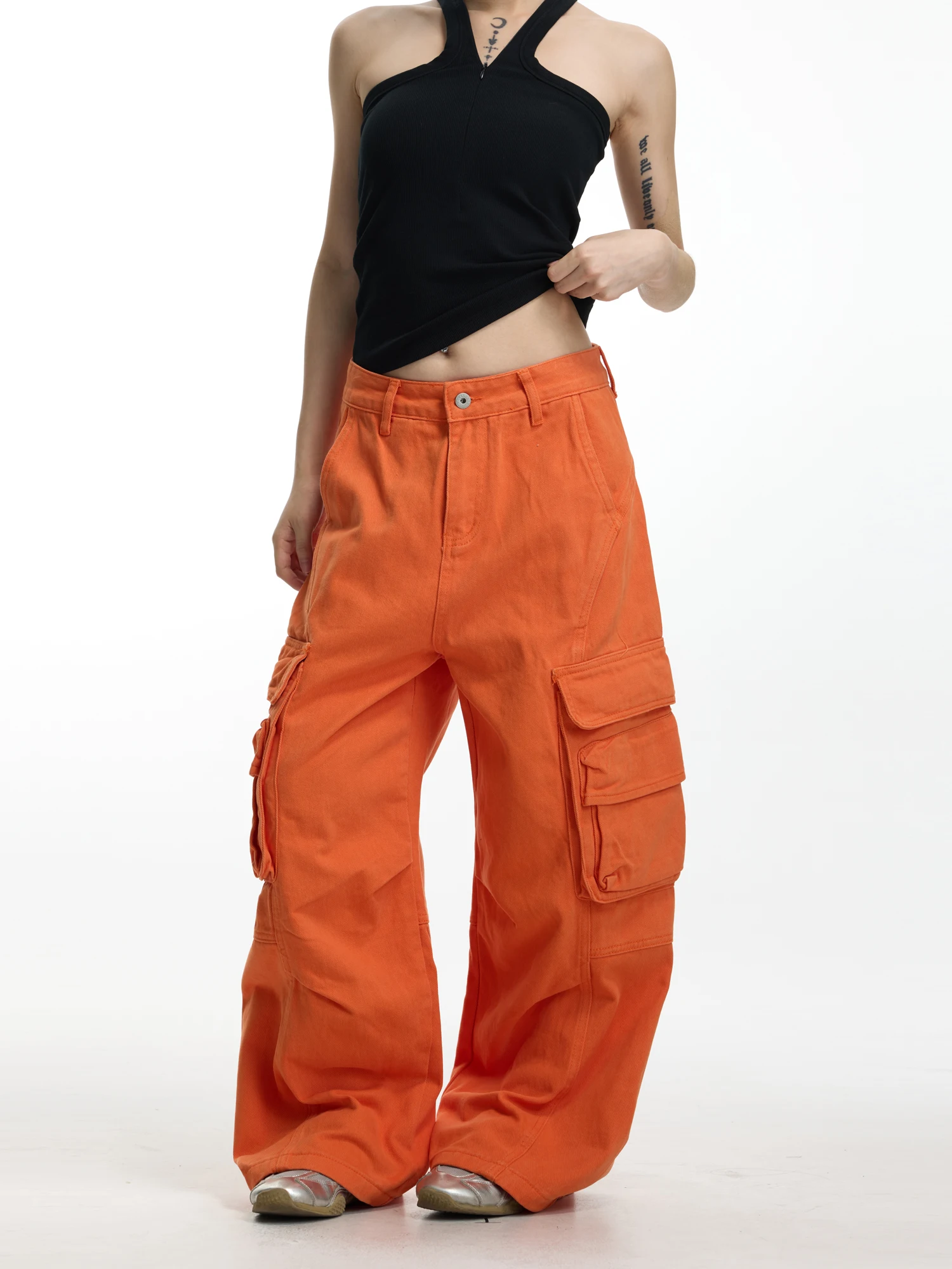 Yeboon American Cleanfit Orange Wide Leg Pants Heavy Multi Pocket Work Trousers Loose Straight Long Trousers Unisex Cotton