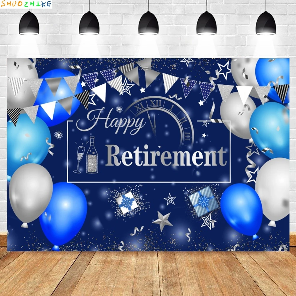 

Happy Retirement Backdrop Blue Gold Glitter Balloons Adult Portrait Family Party Photography Backdrop Cake Table Decor Banner