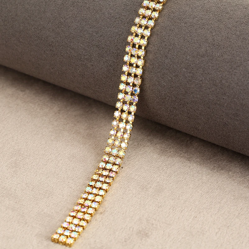 PEESOM SS8 3rows 7mm width Clear Rhinestone Cup Chain Gold/Sliver CrystalAB Glass Crystal Cup Chain for DIY Garment  Accessories