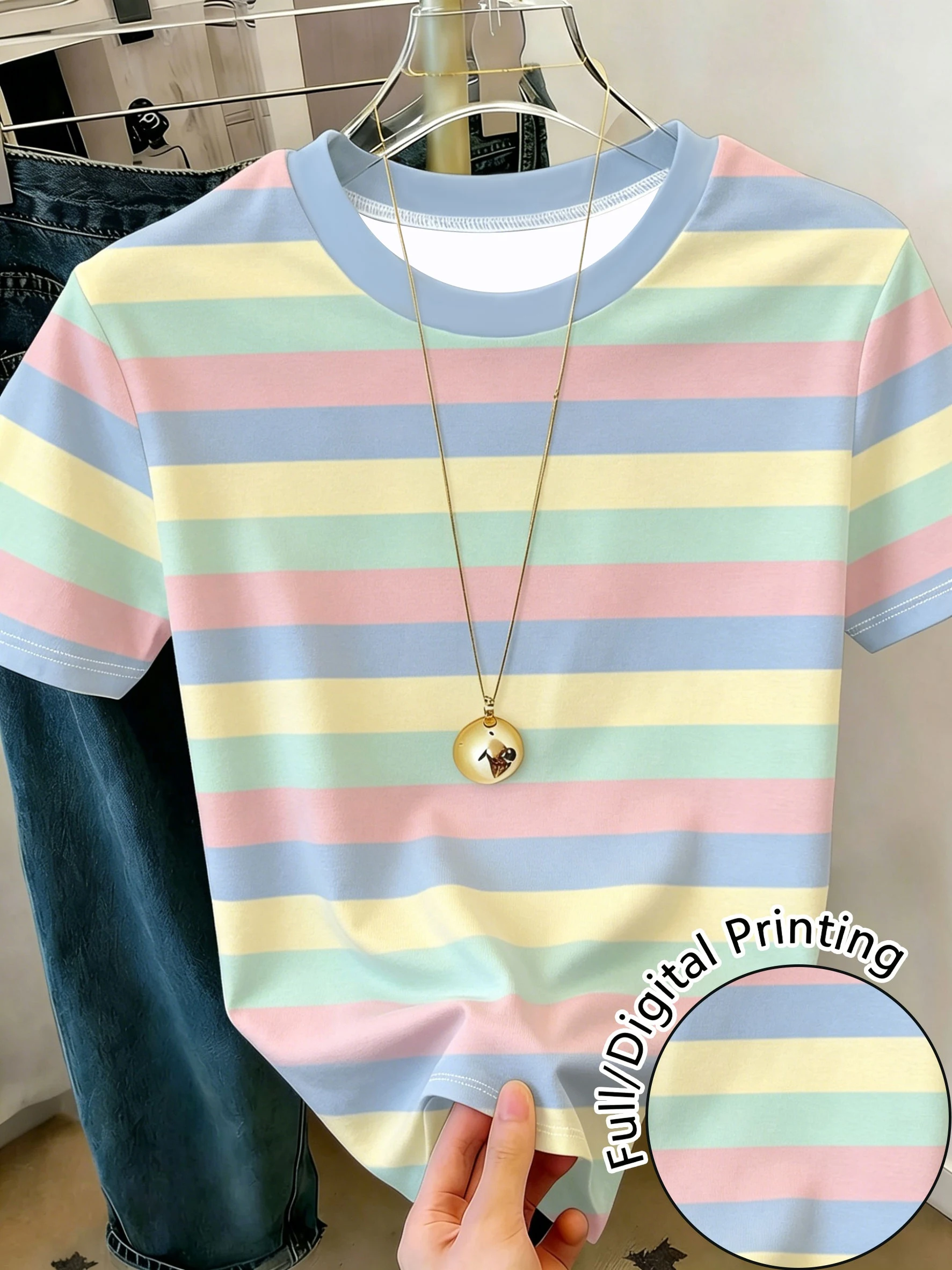 2026 New Women's Striped Printed Crew Neck Short Sleeve T-Shirt Casual Fashion Top in Various Colors And Sizes