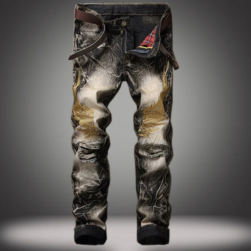 European and American Vintage Street-style Men's Casual Jeans with Unique Wing Embroidery, Ripped Details and A Slight Stretch.