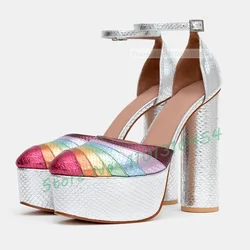 Coloful Metallic Platform Sandals Women Shining Rainbow Splicing Round Tip High Block Heels Ladies Summer Luxury Party Shoes