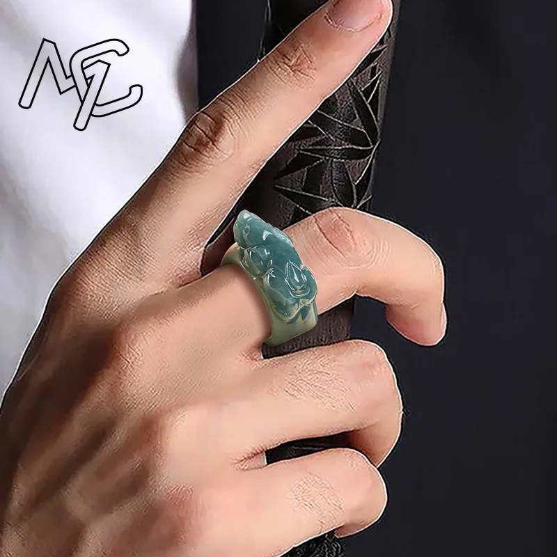Real Natural Ice Seed Blue Water Jade Pixiu 17-22mm Ring Carved Charm Jadeite Jewelry Fashion Amulet Gifts for Men Women view 4