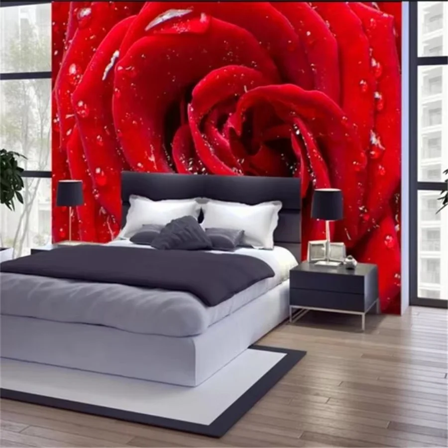 Custom wallpaper 3d Mural high-grade blooming drops of Red roses flower bedside background wall living room Wallpaper Home Decor