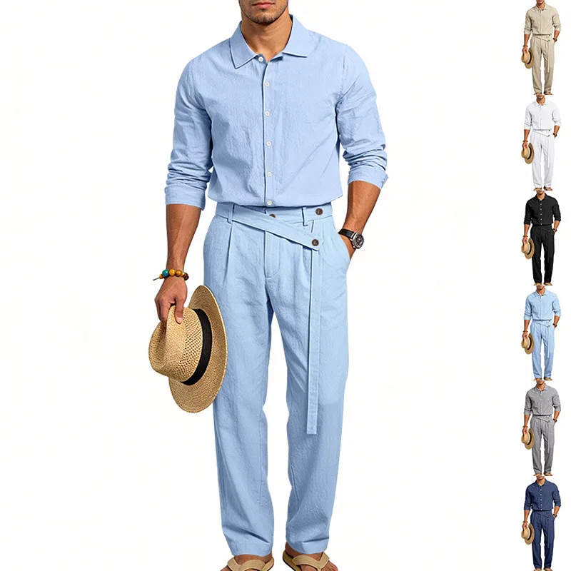 

Men's Loose Fit Linen 2 Piece Outfit Solid Color Casual Long Sleeve Hooded Shirt & Long Pants Breathable Suit