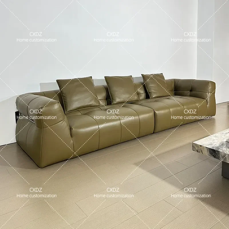 First Layer Cowhide Sofa Minimalist Leather Straight Row Size Apartment Living Room 2024 New Villa Horizontal Hall Sofa