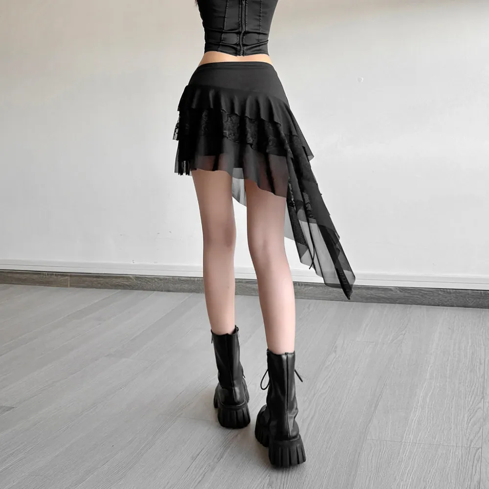 SylCue ตาข่าย Patchwork กระโปรงมินิกระโปรงผู้หญิงเอวยางยืดผ้าพันคอตกแต่งฉัตร Street อเนกประสงค์สไตล์ Ruched Elegant Bottoms
