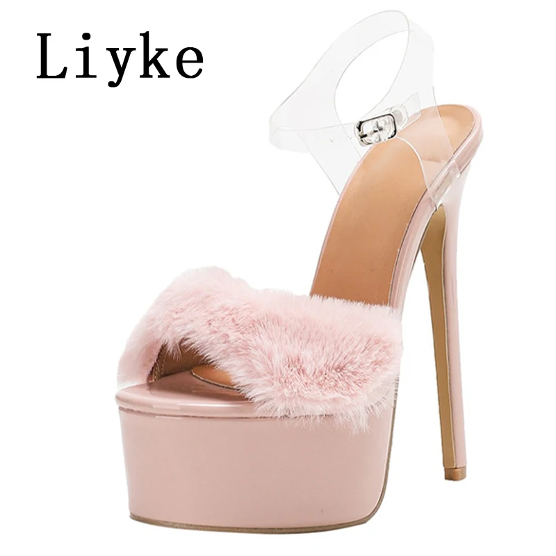 Liyke Fashion Show Pink Feathery Fur Women Waterproof Platform Sandals Sexy Peep Toe Super High Heels Party Dress Shoes Size 42