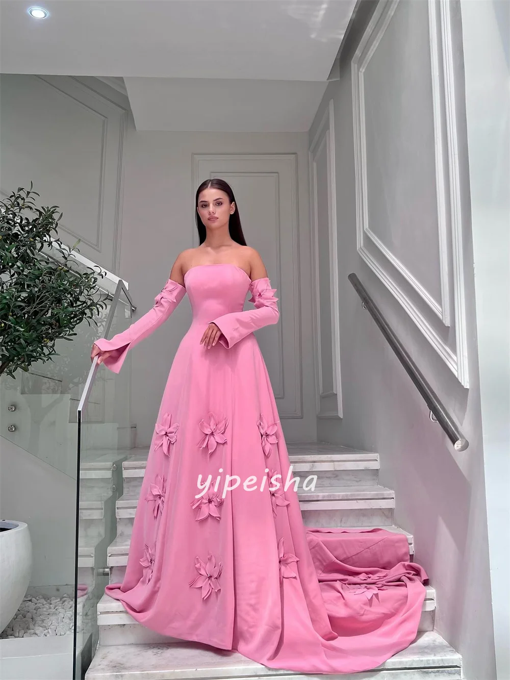 Customized Elegant Classic Jersey Handmade Flower Pleat A-line Strapless Long Dresses Bespoke Occasion Dresses Sizes Available