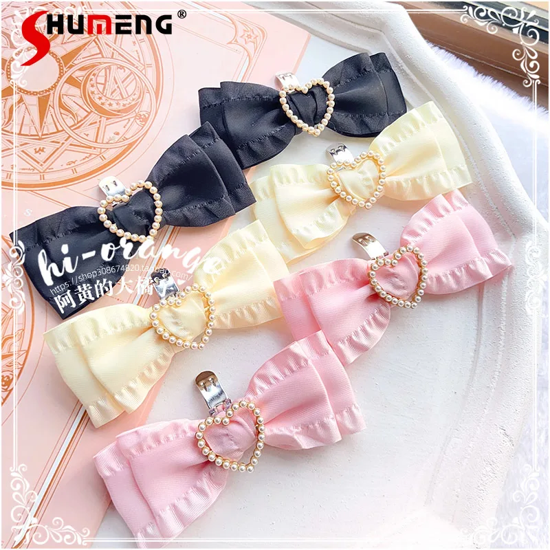 

Girl Lolita Love Pink Duckbilled Hair Clip 2023 Autumn New Woman Detachable Black Bow Leather Shoes Buckle Ribbon Shoe Clips