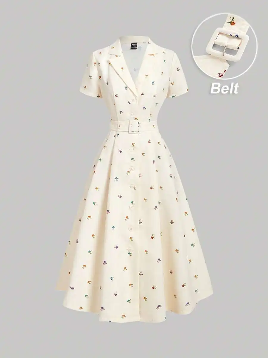 

Женское платье-рубашка с цветочным принтом в винтажном стиле, с поясом, А-силуэт