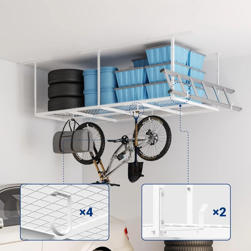 4x8 Overhead Garage Storage Rack w/Hooks Adjustable Ceiling Storage Racks, 96 Length x 48 Width x 40 Height, 22''-40