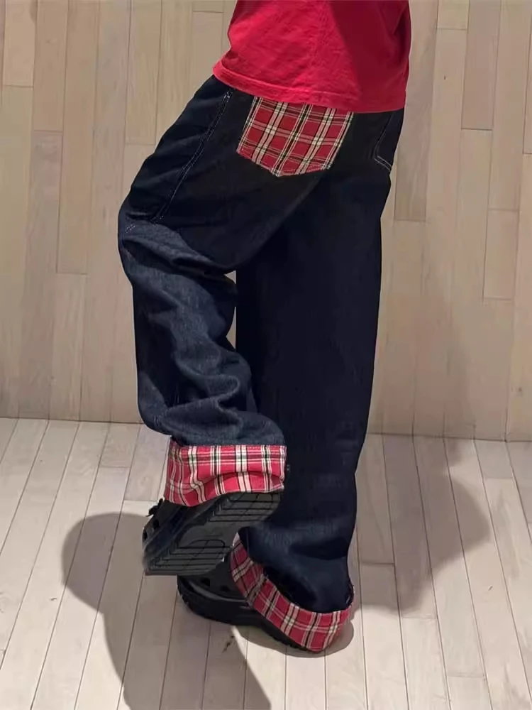 

plus Size American Plaid Cuffed Denim Jeans Women's Straight Leg Wide Leg Pants High Waist Slimming Blue Red Grids Casual Wear