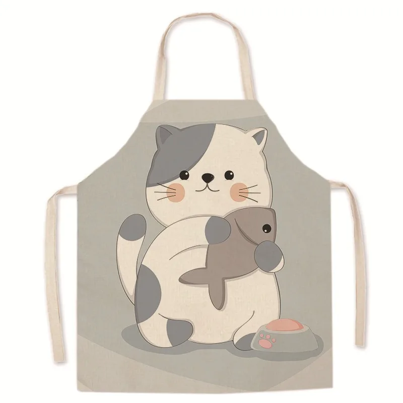 Cartoon parent-child linen apron with cat pattern kitchen anti-fouling sleeveless bib home cooking baking apron