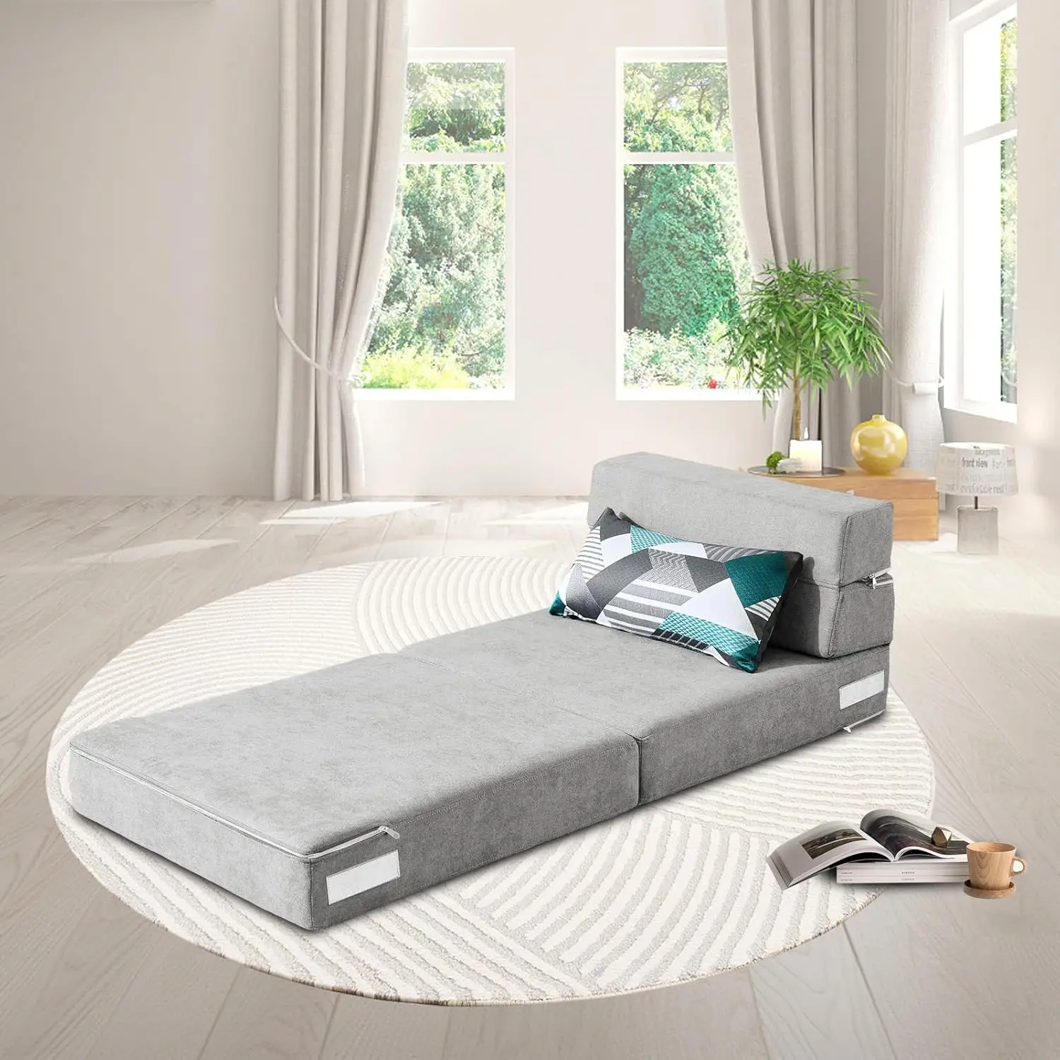 Folding Sofa Bed Couch Memory Foam Fold Out Chair Bed W/ Pillow,Single Size Convertible Sofa Bed Futon Sleeper Chair, Light Gray