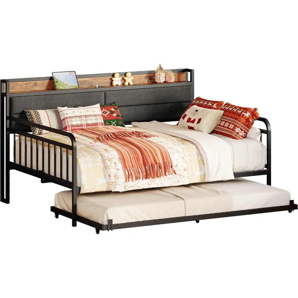 

LIKIMIO Daybed with Trundle, Sturdy Metal Full Size Bed Frame with Upholstered Headboard and Charging Station for Living Room, B