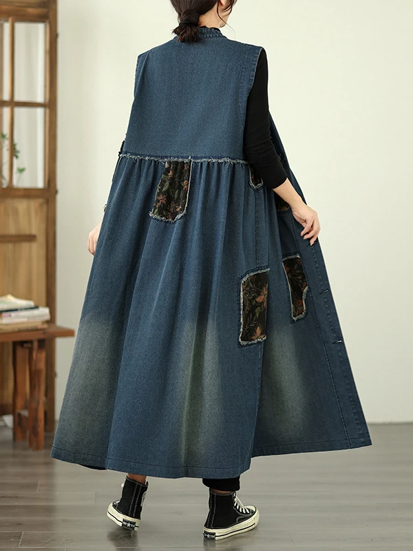 Vintage retalhos denim svel jaet tamanho grande feminino único botão gola casaco longo sle outono outerwear