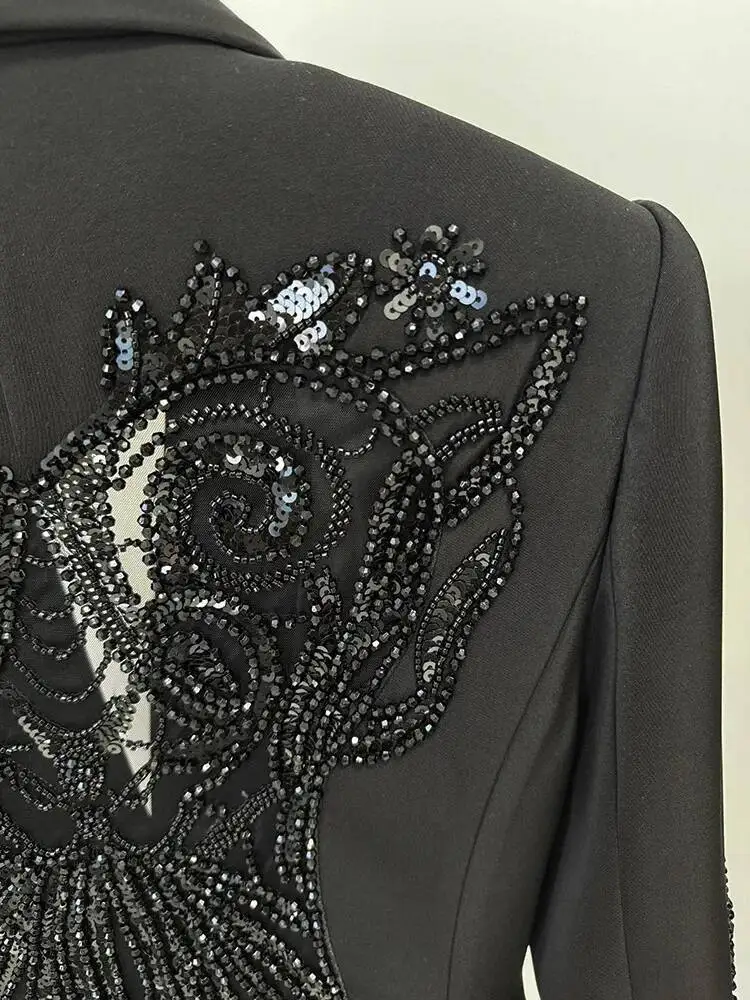 ZOCI ผู้หญิง Blazer กางเกงชุดแฟชั่นตาข่าย Splicing Heavy Duty เล็บลูกปัดเสื้อสูทกางเกงชีฟอง 2025 ฤดูใบไม้ผลิสไตล์ใหม่