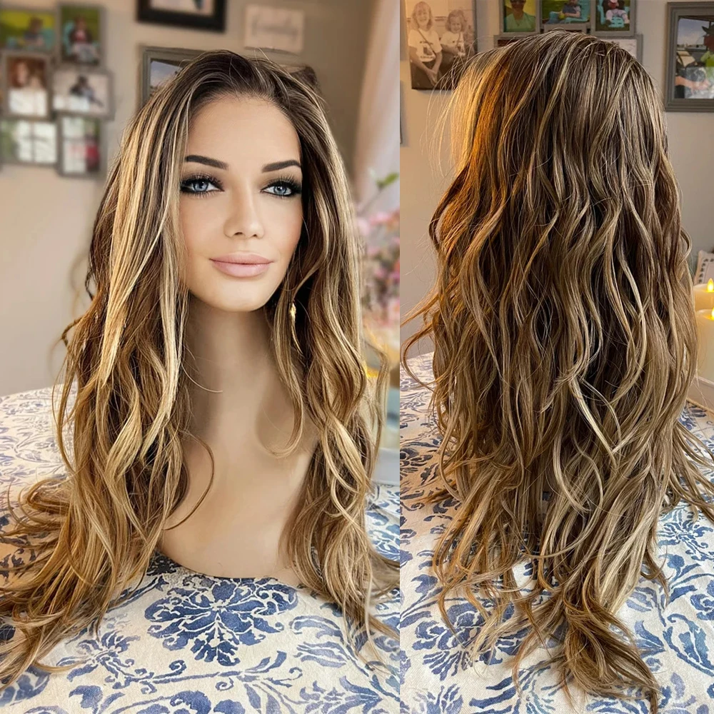 

Ombré Blonde Highlights Long Curly Wig Syntheic Blend Human Hair Lace Front Wig Dark Roots Heat Friendly Fibre Lady Girls Wig
