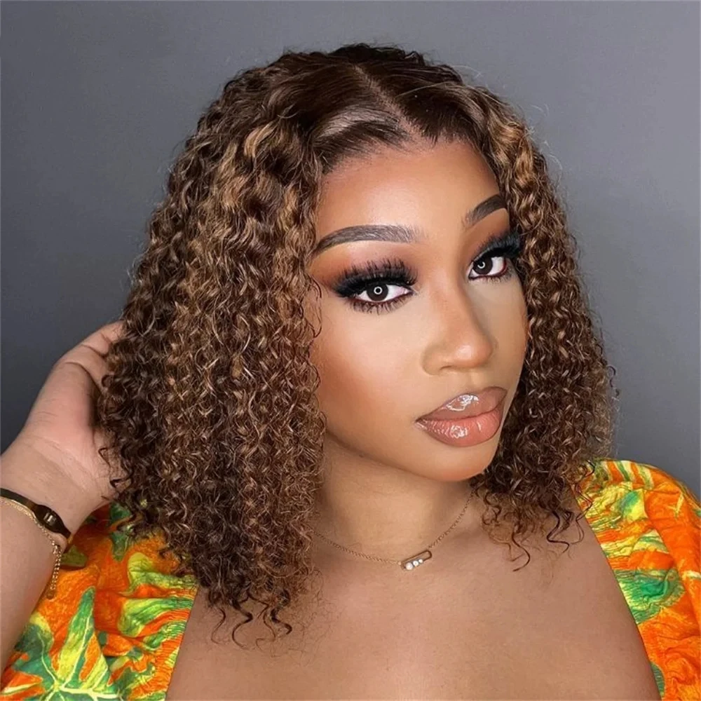 Bob Wig Deep Wave Highlight 13x4 Lace Front Human Hair Wig Honey Brown Blonde Water Wave Ombre 4/27 Transparent Lace Frontal Wig