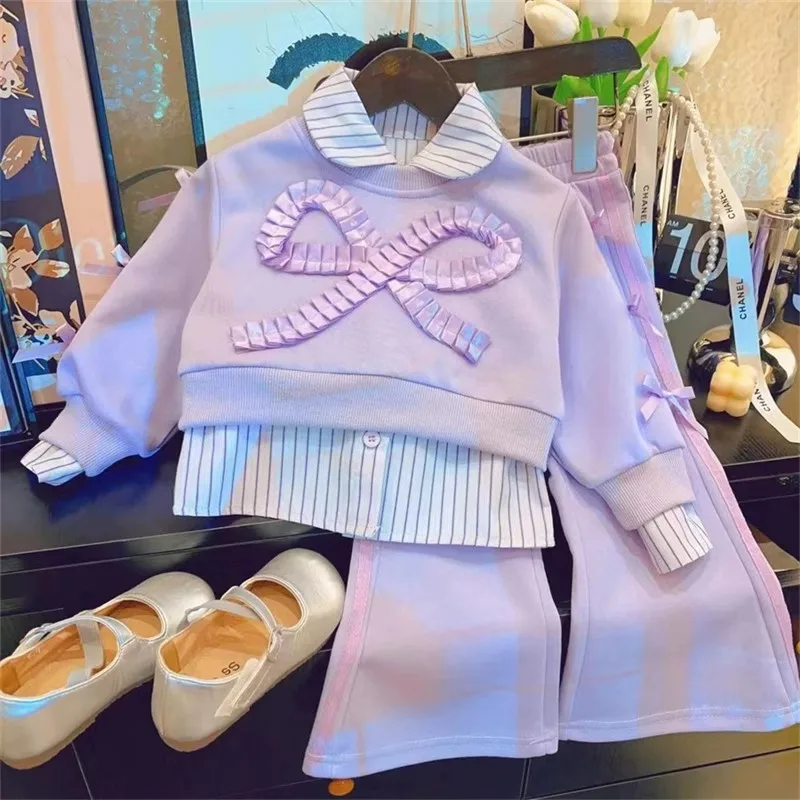2025 Autumn New Children's Foreign Style Sweet Shirt Sweater Girl Big Butterfly Korean Version Flared Pants Casual Suit