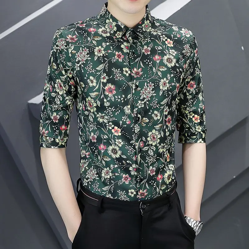Men's Premium Ice Silk Short Sleeve Shirt Summer Slim Fit Floral Casual Button Down Shirts 5 Sleeve Breathable Blouse