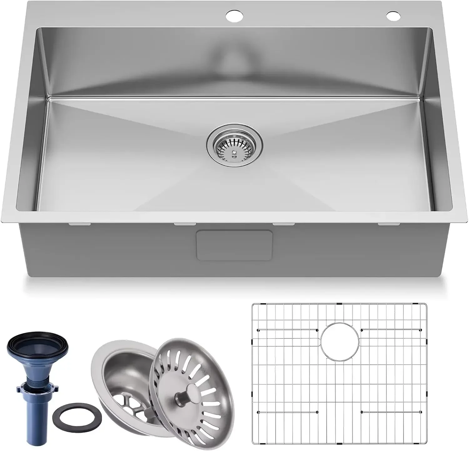 33 inch Topmount Handmade 18 Gauge Single Bowl Stainless Steel Kitchen Sink with Accessories in 33