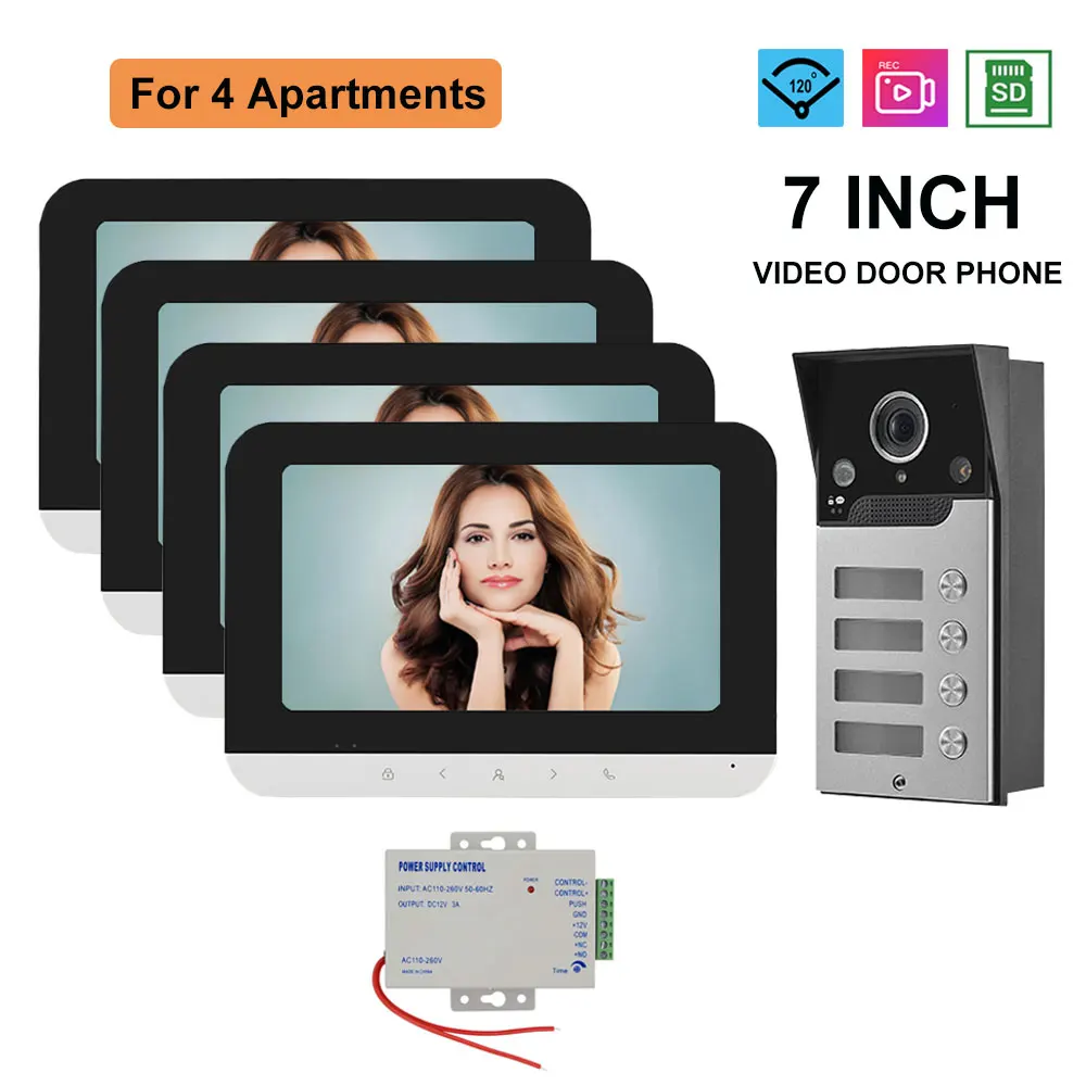 

Видеодомофонная система для 2/3/4 квартир/семьи с 7-дюймовым цветным ЖК-дисплеем, HD-камерой, водонепроницаемой камерой, видеозвонком и контролем доступа/разблокировкой